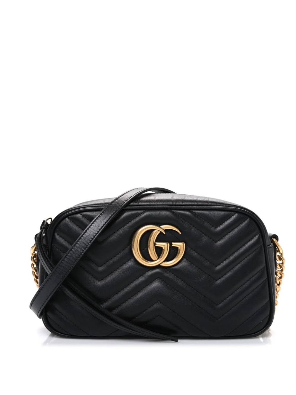 Gucci Black Quilted Leather GG Marmont Chevron Crossbody Bag